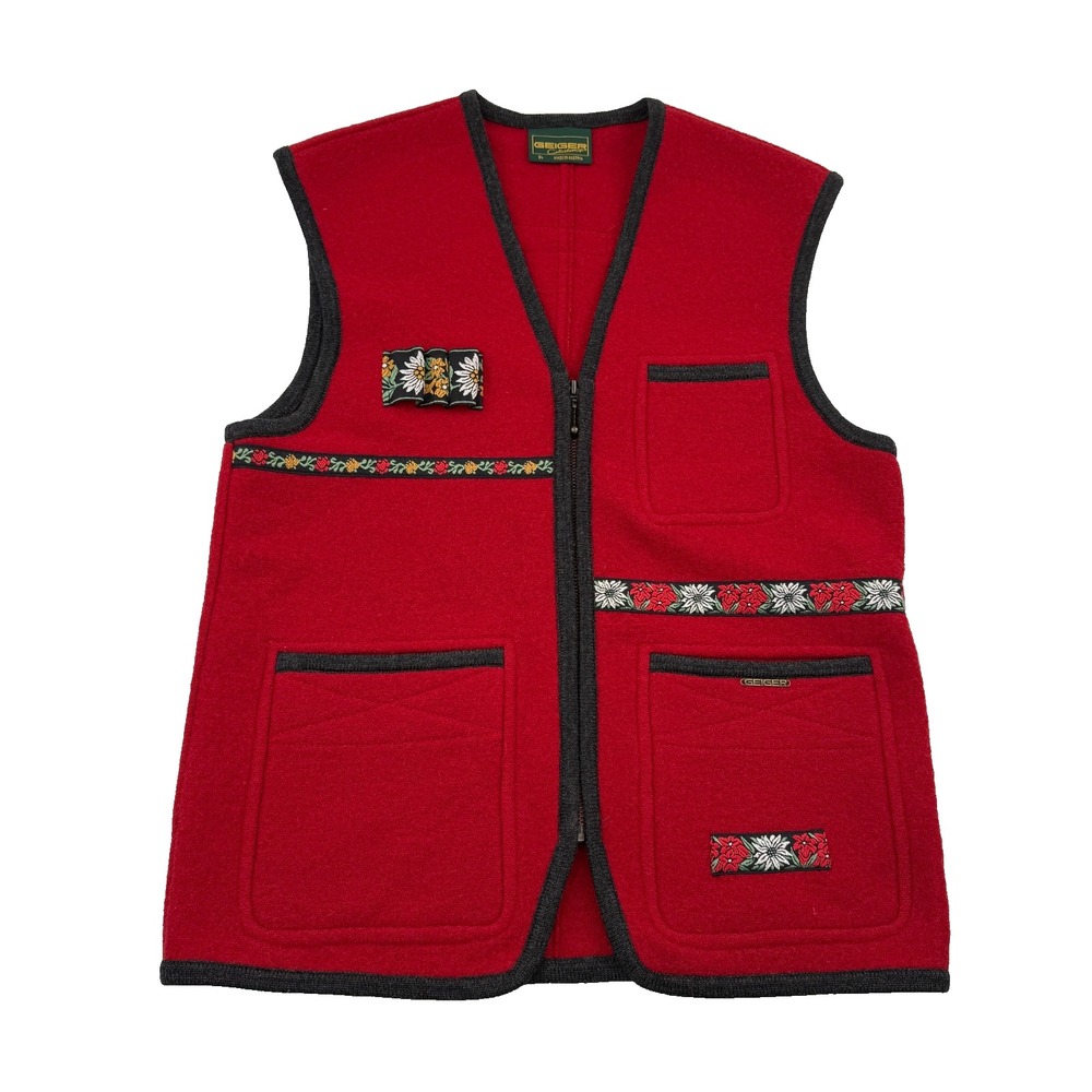 Geiger Wool Vest Womens 34‎ Red Colorful Trim Made In Austria Pockets